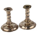A pair of 18th century Dutch miniature silver candlesticks, apparently unmarked, height 4.5cm No