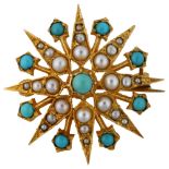 A mid-20th century 9ct gold turquoise and pearl 8-ray starburst brooch, with pendant loupe