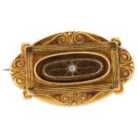 A 19th century Etruscan style diamond memorial brooch, unmarked gold settings with applied