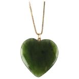 A nephrite heart pendant necklace, on 9ct fine box link chain, pendant height 31.3mm, chain length