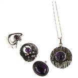 Various Danish silver and amethyst abstract jewellery, comprising pendant necklace and 3 rings,