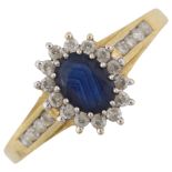 An 18ct gold sapphire and diamond cluster ring, set with oval mixed-cut sapphire and modern round