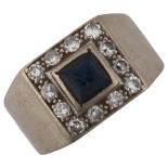 A Continental 18ct white gold sapphire and diamond signet ring, set with square-cut sapphire and