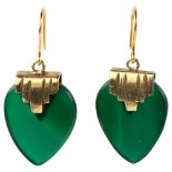 A pair of green agate heart drop earrings, with unmarked yellow metal settings and 9ct shepherd hook