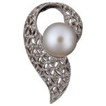 A modern 9ct white gold pearl and diamond pendant, pierced lattice decoration set with single-cut