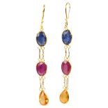 A pair of vari-hue sapphire drop earrings, unmarked gold settings with shepherd hook fittings,