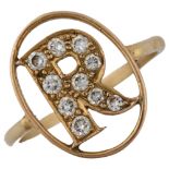 An Antique diamond initial R openwork ring, unmarked gold settings, pave set with modern round