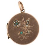 A 19th century turquoise and pearl locket pendant, unmarked gold settings with floral motif, pendant