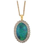 A fine black opal and diamond cluster pendant necklace, unmarked gold settings with 7ct oval