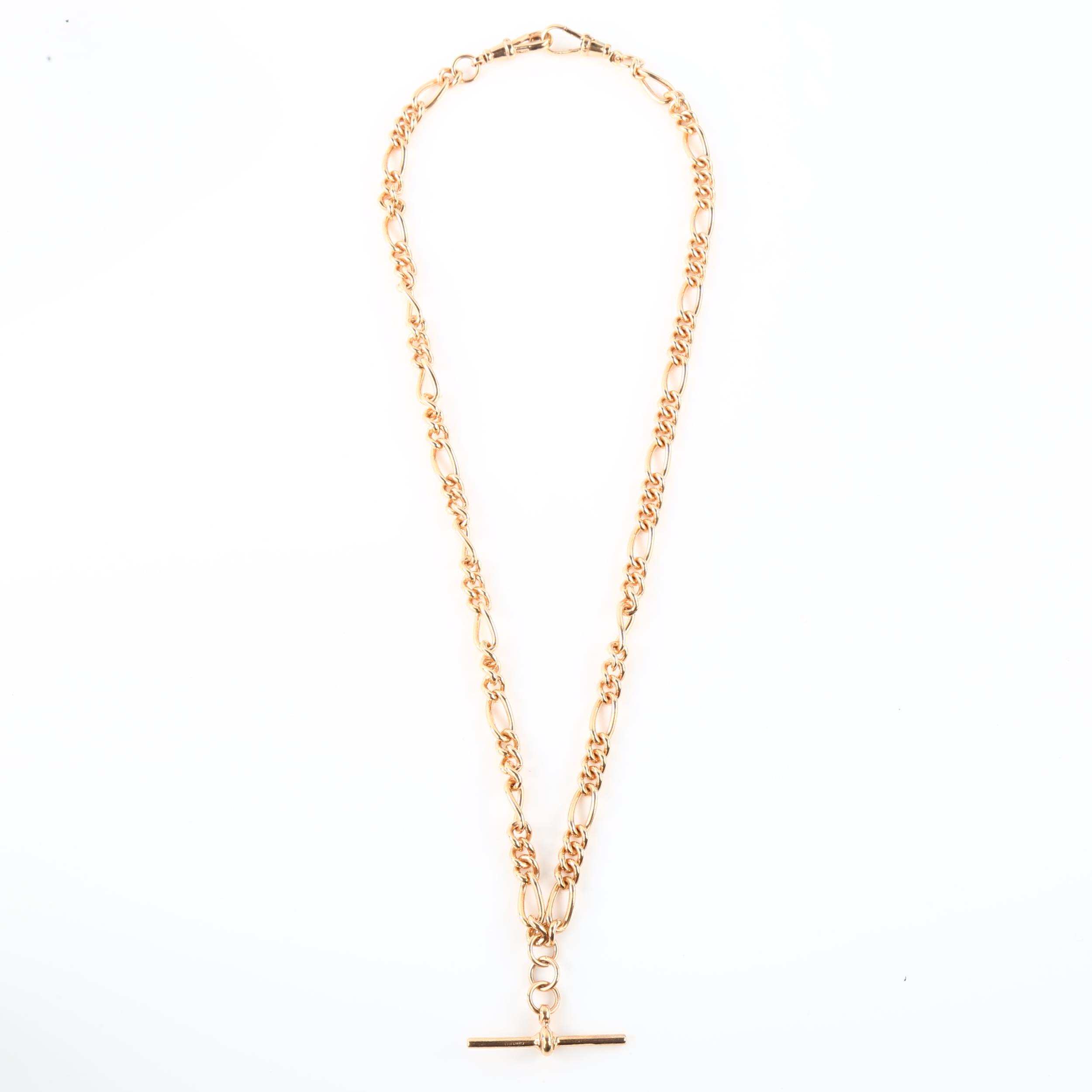 A modern 9ct rose gold figaro link Albert chain necklace, with T-bar and 2 dog clips, chain length - Image 2 of 4