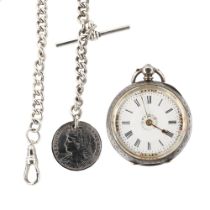 A silver open-face key-wind pocket watch, white enamel dial with hand painted decoration, Roman