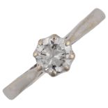 An 18ct white gold 0.5ct solitaire diamond ring, colour approx G/H, clarity approx I1/I2, diamond