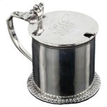 A Victorian silver drum mustard pot, with blue glass liner and gadrooned rim, by Charles Stuart