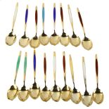 MEKA - a set of 17 Danish vermeil sterling silver and harlequin enamel coffee spoons, length 9cm