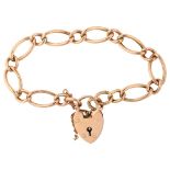 A 9ct rose gold hollow figaro link chain bracelet, with heart padlock clasp, maker's marks E and