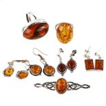 Various silver and amber jewellery, including ring, brooch, earrings etc, ring sizes O and P, 34.