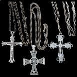 3 Danish silver cross pendant necklaces, largest height 62.4mm, 85g total (3) No damage or