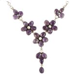 A silver amethyst and pearl flowerhead necklace, pendant drop height 10.5cm, necklace length 40cm,