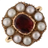 A Georgian flat-top garnet and split pearl cluster ring, 9ct gold closed-back settings, setting