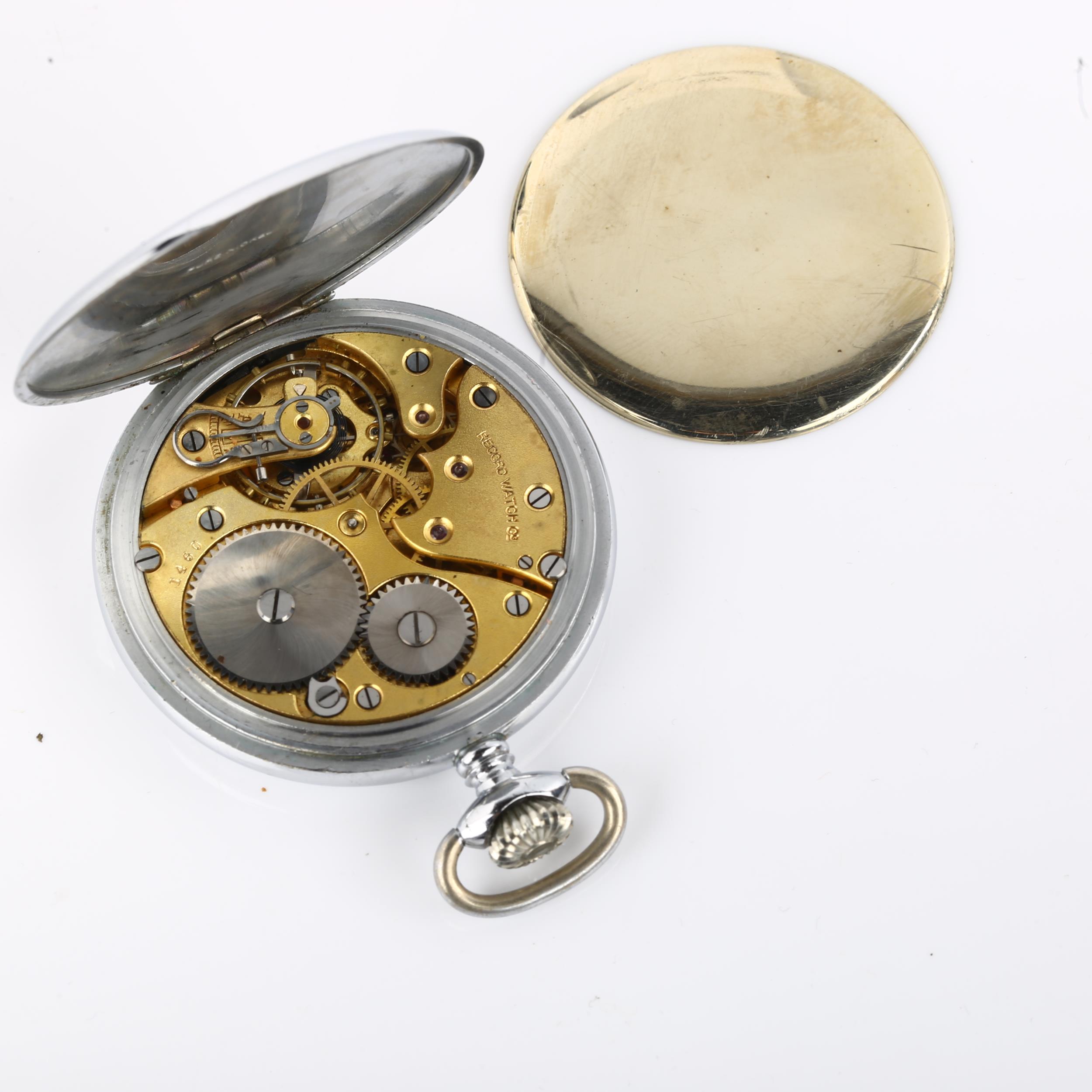 RECORD WATCH CO - a chrome plated full hunter braille pocket watch, white enamel dial with Arabic - Image 3 of 5