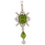 A fine Belle Epoque peridot and diamond pendant necklace, possibly Russian, unmarked gold settings