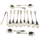 A set of 12 Elizabeth II silver Fiddle pattern teaspoons, and a pair of sugar tongs, by Francis