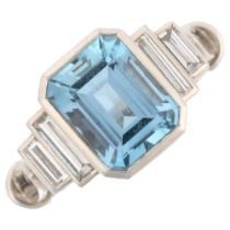 THEO FENNELL - a modern 18ct white gold aquamarine and diamond ring, set with emerald step-cut
