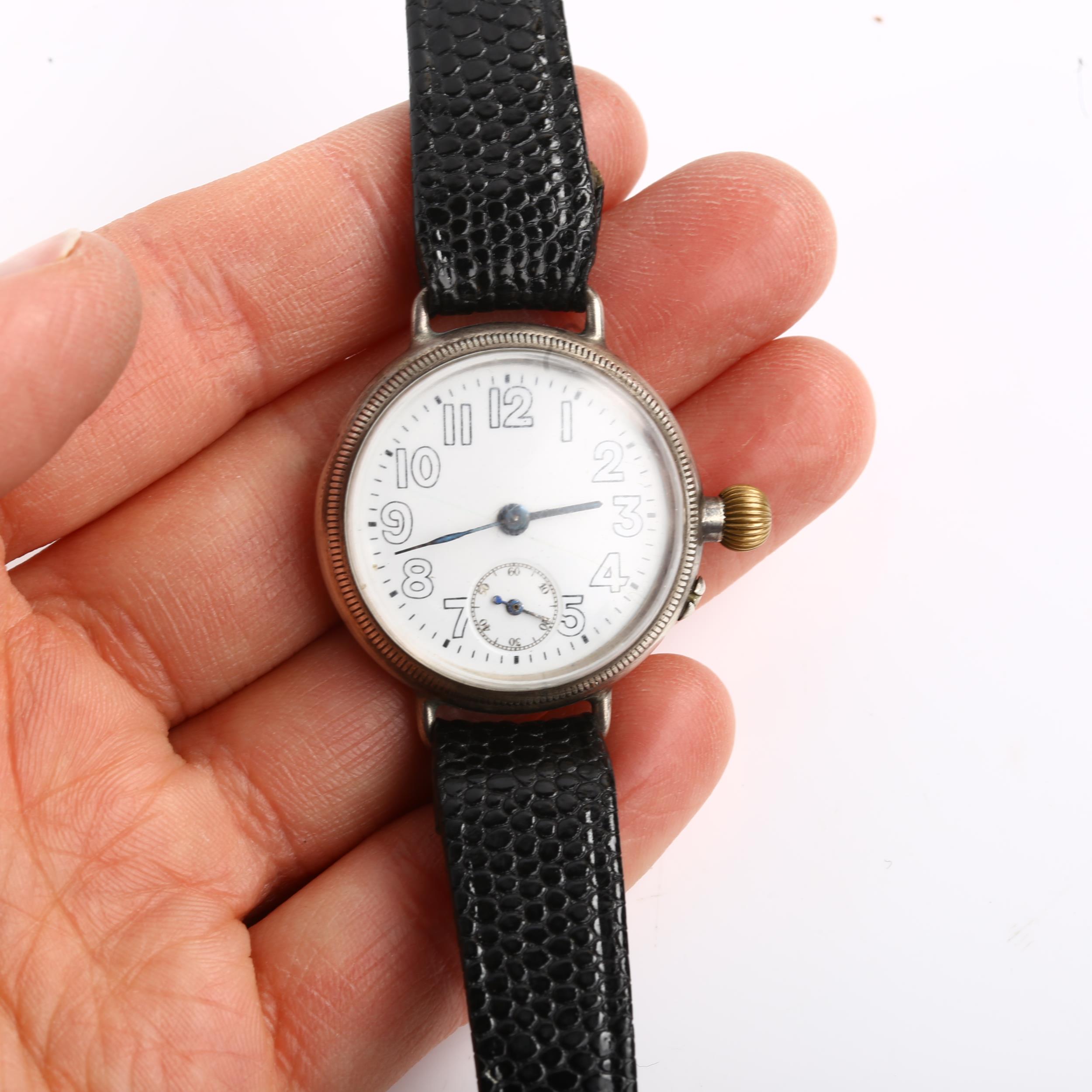 An early 20th century Borgel Officer's trench mechanical wristwatch, white enamel dial with Arabic - Image 5 of 5