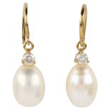 A pair of 18ct gold whole pearl and diamond drop earrings, with shepherd hook fittings, earring