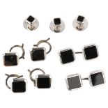 A mid-20th century 9ct white gold onyx dress set, in Art Deco style, comprising pair of cufflinks, 4