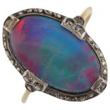 A Continental 8ct gold ammolite and marcasite panel ring, setting height 17.9mm, size L, 2.3g No