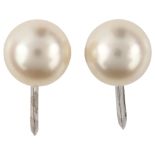 A pair of 14ct white gold whole cultured pearl earrings, with screw-back fittings, pearl diameter