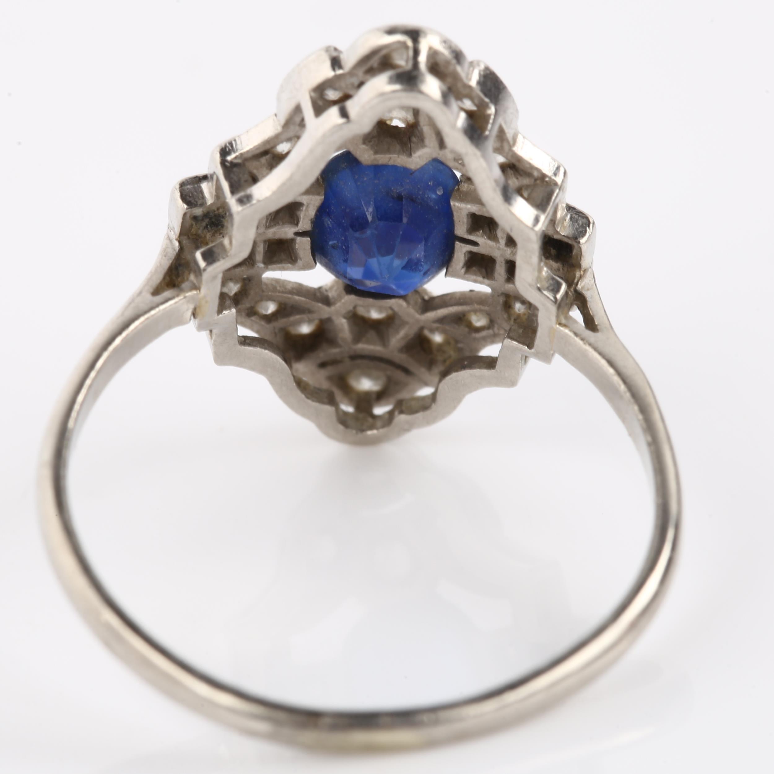 An Art Deco platinum sapphire and diamond panel ring, geometric design set with oval mixed-cut - Image 3 of 4