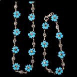A sterling silver synthetic turquoise and marcasite matching necklace and bracelet set, lengths 34cm