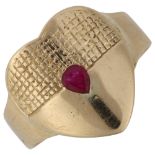 A large modern 18ct gold ruby heart ring, set with pear-cut ruby, setting height 18.5mm, size Z+,