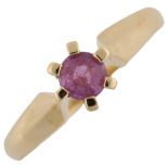 A modern 18ct gold pink sapphire ring, prong set with round-cut sapphire measures: 4.39mm x 2.