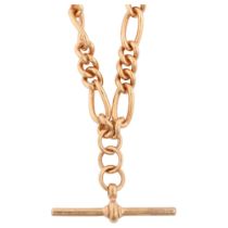 A modern 9ct rose gold figaro link Albert chain necklace, with T-bar and 2 dog clips, chain length