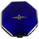 An Art Deco George VI octagonal silver compact, blue guilloche enamel lid with applied Fleet Air Arm