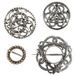 3 Danish silver Viking Revival brooches, and a similar scarf pin, largest diameter 49.7mm, 45.6g