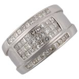 A large modern heavy 18ct white gold diamond band ring, set with Princess-cut diamonds, total