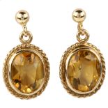 A pair of 9ct gold citrine drop earrings with stud fittings, earring height 19mm, 2.6g No damage