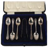 A set of 6 George V silver teaspoons and pair of sugar tongs, by Cooper Brothers & Sons Ltd,