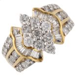 A modern 9ct gold diamond cluster cocktail ring, set with modern round brilliant and baguette-cut