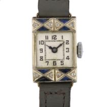 A lady's Art Deco 18ct white gold sapphire and diamond mechanical cocktail wristwatch, silvered dial