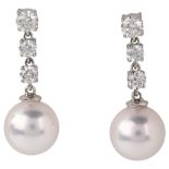 A pair of 18ct white gold whole cultured pearl and diamond drop earrings, set with modern round