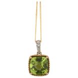 A modern 9ct gold peridot and diamond pendant necklace, on 9ct fine curb link chain, pendant