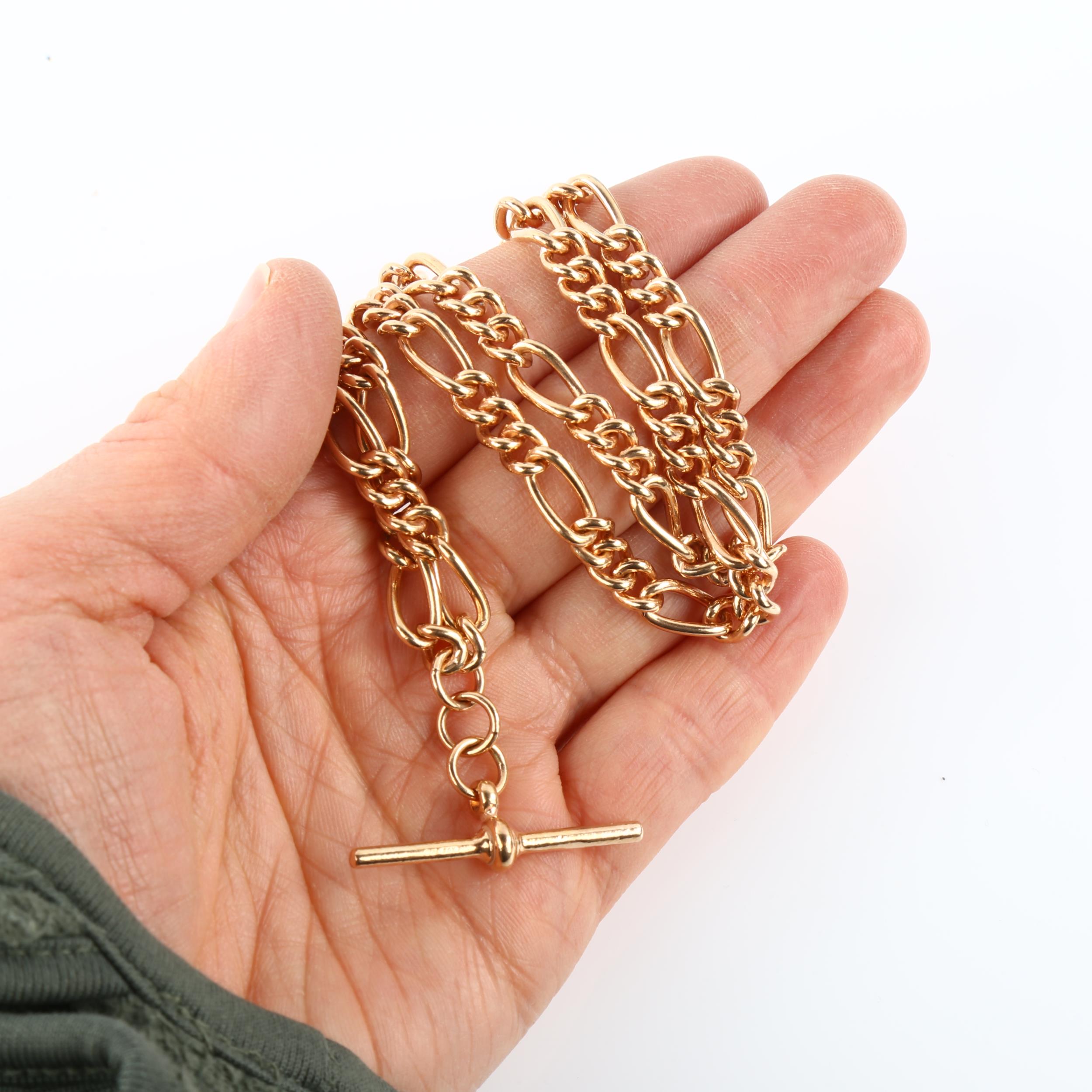 A modern 9ct rose gold figaro link Albert chain necklace, with T-bar and 2 dog clips, chain length - Image 4 of 4