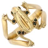 A large 18ct gold emerald figural frog ring, indistinct maker's mark, hallmark London 1990,