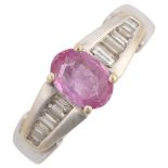 A modern 18ct white gold pink sapphire and diamond dress ring, set with oval mixed-cut pink sapphire