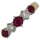 A modern 18ct gold graduated five stone ruby and diamond ring, set with round-cut rubies and